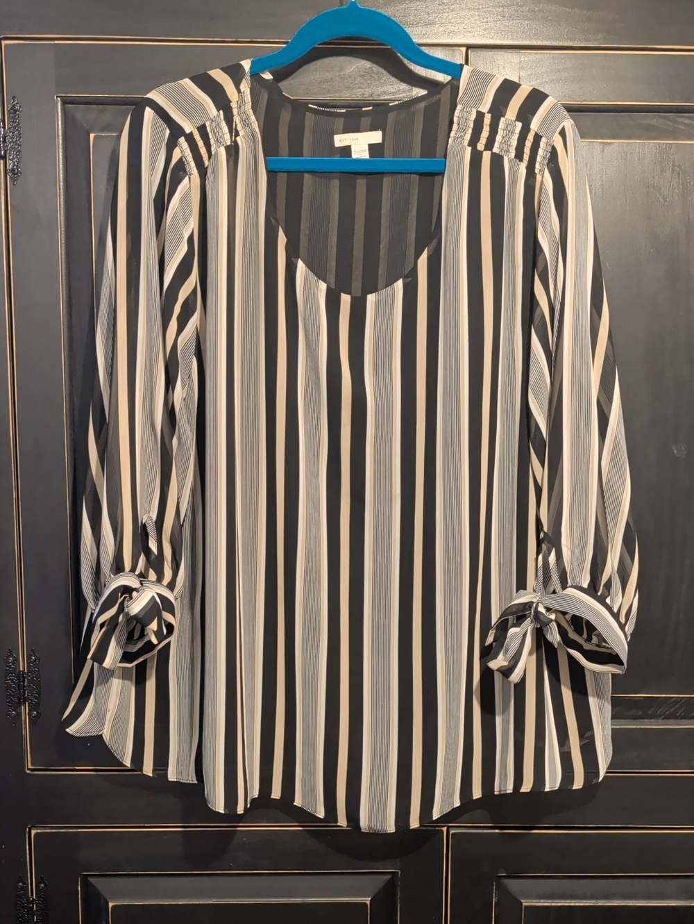 Beige and White Vertical-Stripe V-Neck Blouse with Tie Cuffs